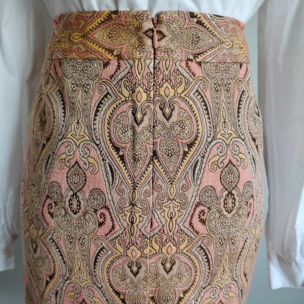 Talbots Cotton Silk Tapestry Brocade Pencil Skirt Pastel Pink Metallic Size 14P - Picture 10 of 16